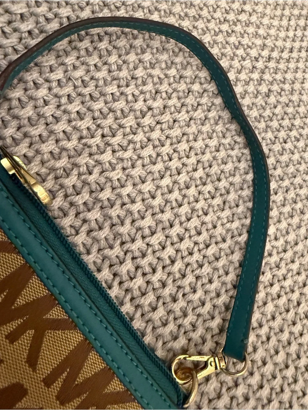 Michael Kors Brown Logo Wristlet with Teal Trim